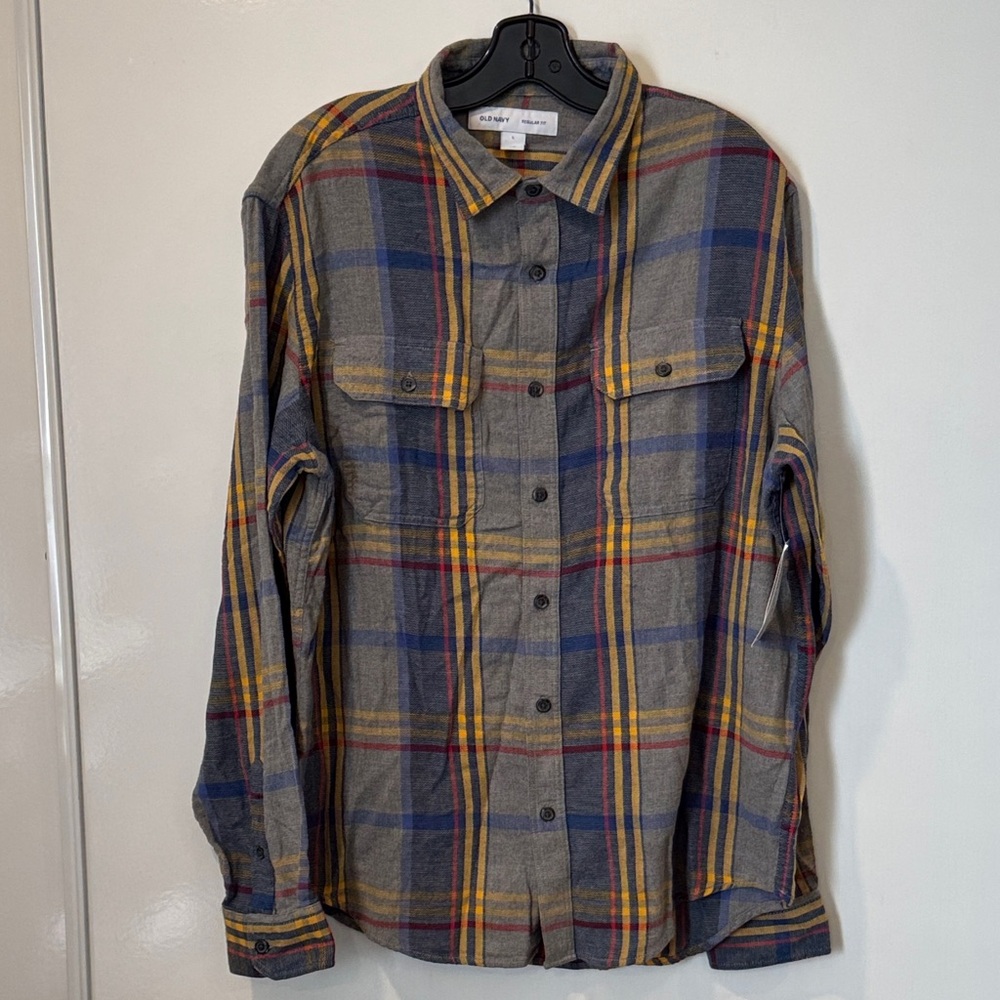 Old Navy Gray Plaid Shirt with Yellow and Red Accents